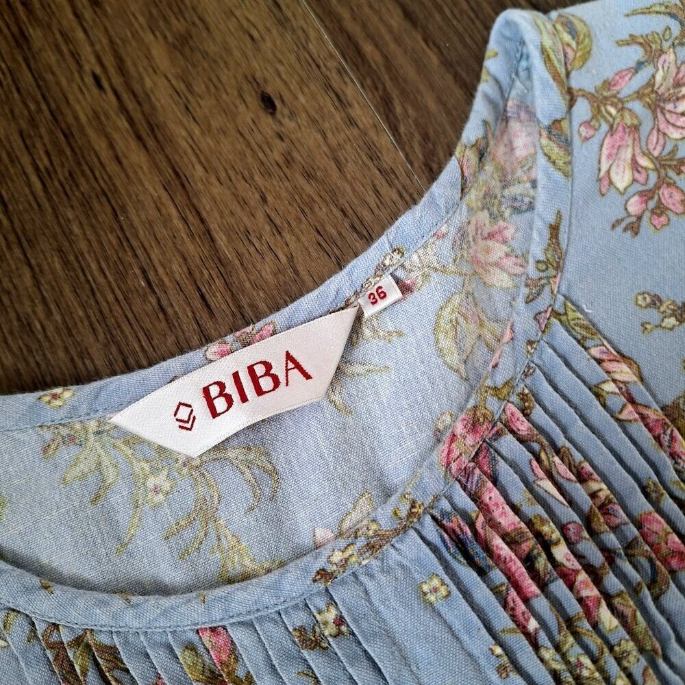 💙 Bila Floral Bird Printed Cotton Flex Dress Size S/M Cottage Romantic Girly - Picture 4 of 8
